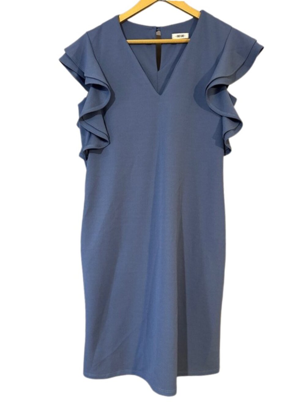 First Love Boutique Dusty Blue Ruffle Shift Dress w/pocket wedding guests Sz L